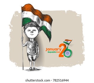 Beautiful typography of vande matram with boy hand holding indian flag isolated on white background