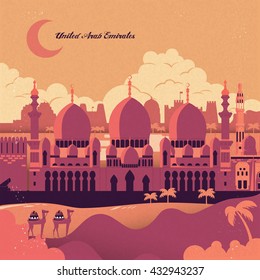 Beautiful UAE scenery in the sunset. Mosques and desert.