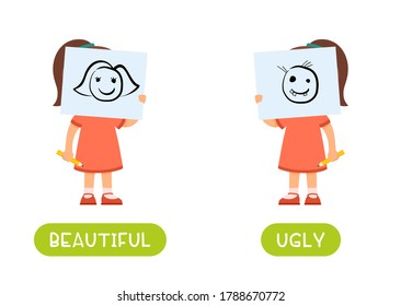 Beautiful and ugly antonyms word card vector template. Flashcard for english language learning. Opposites concept. A little girl is holding a beautiful drawing in front of her face, a child has drawn 