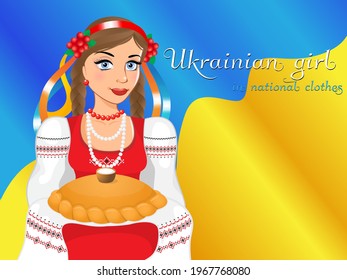 A beautiful Ukrainian girl in national clothes with a loaf against the background of a yellow-blue flag. Slavic style, hospitality, bread and salt, embroidered shirt. Vector illustration