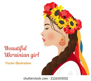 A beautiful Ukrainian girl in profile in a national costume, in a wreath and with a long braid on a white background. Isolated vector illustration