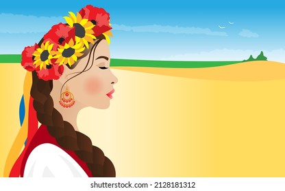 A beautiful Ukrainian girl in profile in a national costume, in a wreath and with a long braid against the backdrop of a landscape with a yellow wheat field and a blue sky. Vector illustration