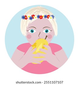 A beautiful Ukrainian girl with a wreath on her head eating a pear. Vector illustration in flat style.
