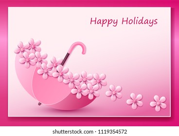 Beautiful Umbrella and flowers inside Isolated on pink gold color background.  Invitation Template Background Design, Greeting Card, Poster. Valentine Day. Vector illustration. Fashion & Style.