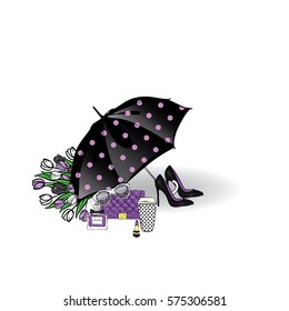 Beautiful umbrella, high-heeled shoes, tulips, bag and lipstick. Vector illustration for a card or poster. Print on clothes. Spring. Fashion & Style.