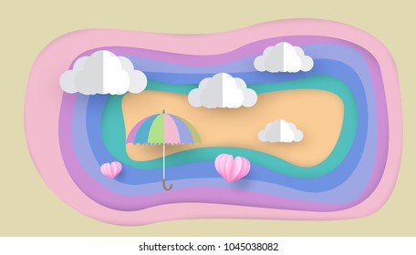 beautiful umbrella , paper art style, heart in the sky
