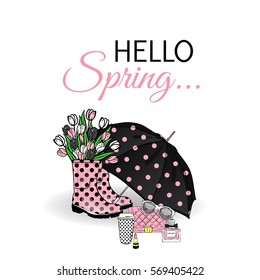 Beautiful umbrella, rubber boots with tulips, bag and lipstick. Vector illustration for a card or poster. Print on clothes. Spring. Fashion & Style. 