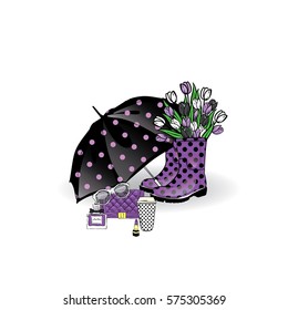 Beautiful umbrella, rubber boots with tulips, bag and lipstick. Vector illustration for a card or poster. Print on clothes. Spring. Fashion & Style.