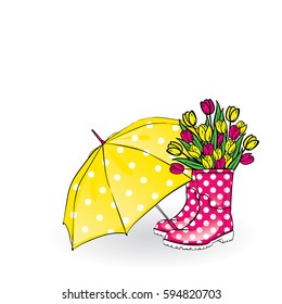 Beautiful umbrella and rubber boots with tulips. Vector illustration for a card or poster, print on clothes. Fashion & Style. Spring.