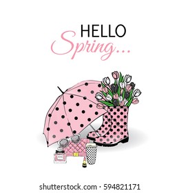 Beautiful umbrella, rubber boots with tulips, bag and lipstick. Vector illustration for a card or poster. Print on clothes. Spring. Fashion & Style.