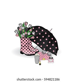 Beautiful umbrella, rubber boots with tulips, bag and lipstick. Vector illustration for a card or poster. Print on clothes. Spring. Fashion & Style.
