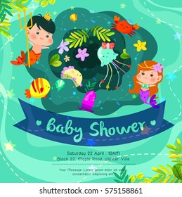 Beautiful Under The Sea Baby Shower Invitation Card With Cute Merman And Mermaid