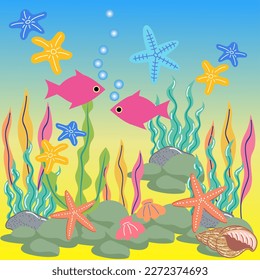 A beautiful under see template with star fish, aquatic plants, see shales 