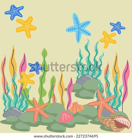 A beautiful under see template with star fish, aquatic plants, see shales 