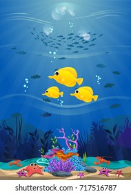 beautiful underwater background and shining with coral reefs, fish and algae