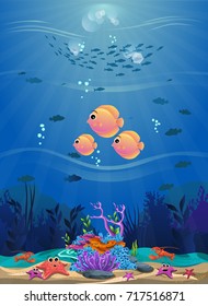 beautiful underwater background and shining with coral reefs, fish and algae