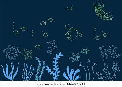 Beautiful underwater hand drawn vector scene with coral reef, fishes and jelly fish in neon blue and neon green colour in dark blue background .