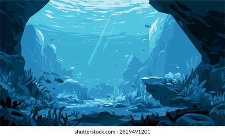 Beautiful Underwater Ocean Cave with Light Rays and Marine Life