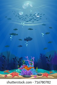 a beautiful underwater scene. beautiful underwater background and shining with coral reefs, fish and algae
