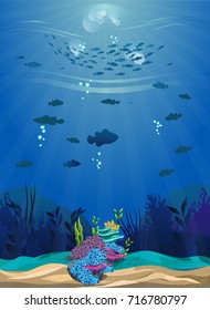 a beautiful underwater scene. beautiful underwater background and shining with coral reefs, fish and algae