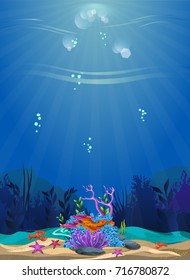a beautiful underwater scene. beautiful underwater background and shining with coral reefs, fish and algae