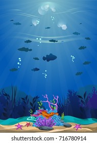 a beautiful underwater scene. beautiful underwater background and shining with coral reefs, fish and algae