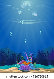a beautiful underwater scene. beautiful underwater background and shining with coral reefs, fish and algae