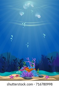a beautiful underwater scene. beautiful underwater background and shining with coral reefs, fish and algae