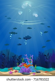 a beautiful underwater scene. beautiful underwater background and shining with coral reefs, fish and algae