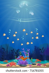a beautiful underwater scene. beautiful underwater background and shining with coral reefs, fish and algae