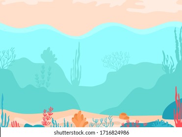 Beautiful Underwater Scene Deep Seascape With Reef And Coral, Cartoon Style Vector, Illustration. Ocean Sea Bottom Silhouette With Seaweed, Algae And Coral. Background Of Seaweed On The Ocean Floor