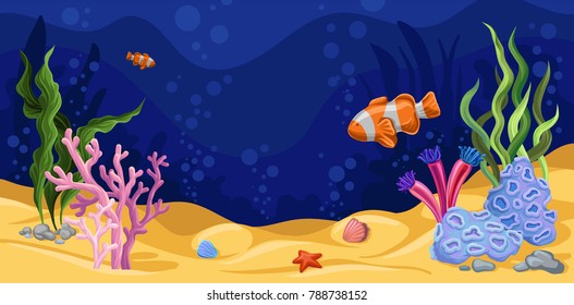 Beautiful underwater scene with seaweed, marine life vector illustration, design element for poster or banner