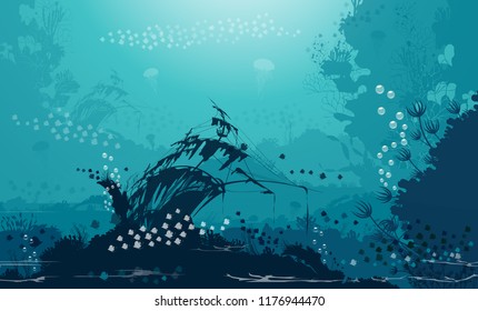 a beautiful underwater scene; a vector seascape with reef; a marine sea bottom silhouette with seaweed, algae and coral; hand drawn realistic ocean background -Summer - sea - Old Ship - Shadows under 