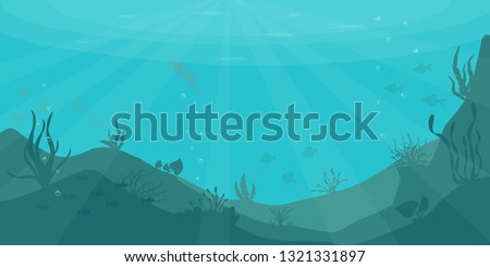 a beautiful underwater scene; a vector seascape with reef; a marine sea bottom silhouette with seaweed, algae and coral; hand drawn realistic ocean background