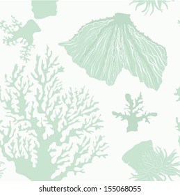 Beautiful underwater seamless vector pattern made in aquamarine color. Perfect tropical pattern with different types of corals. Detailed fossil structure drawn by hand. Ideal sea reef background.