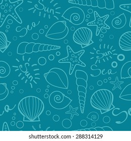 A beautiful underwater seamless vector silhouette pattern with starfish, seashells, inscriptions from the hand