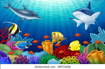 Beautiful underwater world with corals and tropical fish.