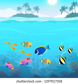 Beautiful underwater world, seascape, fish and sea bottom, seaweed, plants, islands with palm trees, vector illustration