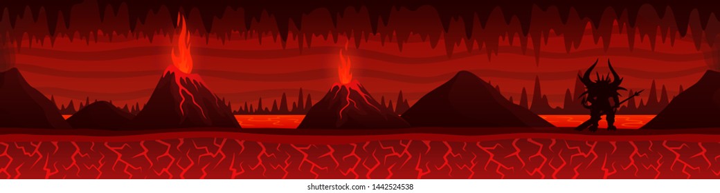 Beautiful unending burning hell landscape with lava river volcanoes and demon silhouette