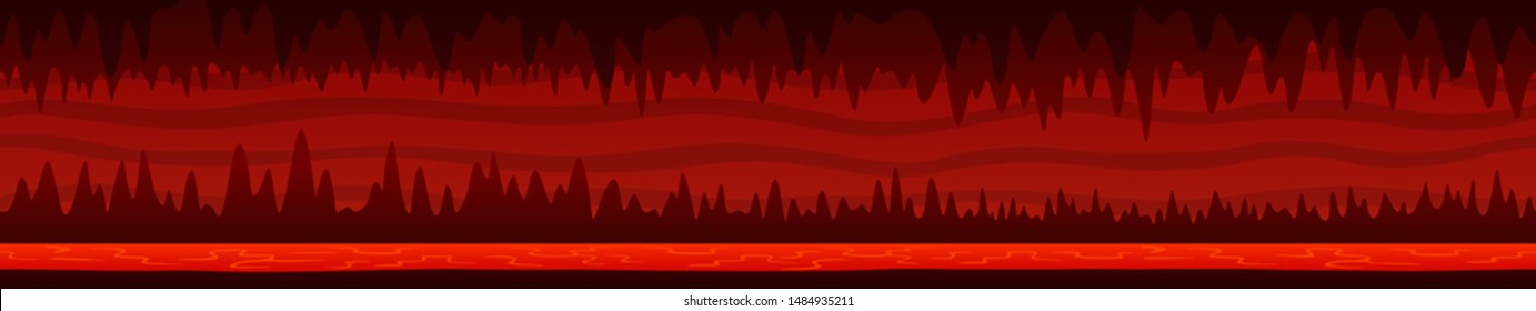 Beautiful unending cartoon red underground landscape with dark hell cave and lava river