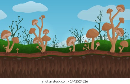 Beautiful unending fantasy landscape with brown mushrooms in the green fields