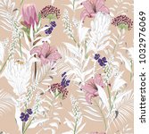 Beautiful unfinished garden flowers outline in hand sketch and drawing ,many kind of floral in seamless pattern vector illustration on pastel brush pink