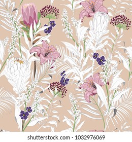 Beautiful unfinished garden flowers outline in hand sketch and drawing ,many kind of floral in seamless pattern vector illustration on pastel brush pink