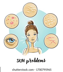 Beautiful unhappy young woman with  different skin conditions icons: acne, wrinkles, big pores, circles under the eyes, red veins. Hand drawn cartoon sketch vector illustration, flat  coloring. 