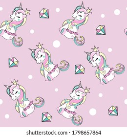 Beautiful unicorn in ballerina skirt and diamods seamless pattern on the pink background