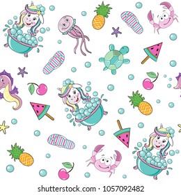 beautiful unicorn bathing in the bathroom with summer elements seamless pattern