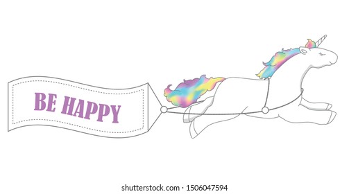 Beautiful unicorn be happy. Art  unicorn drawing for t-shirts.Design for kids. Fashion illustration drawing in modern style for clothes