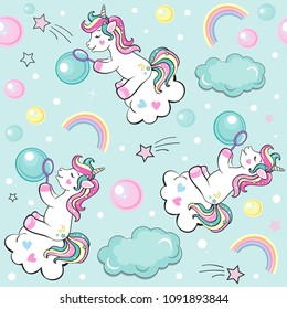 A beautiful unicorn blowing soap bubbles seamless pattern