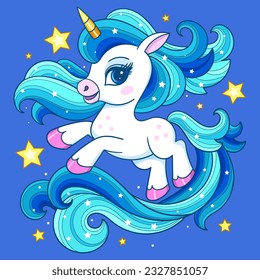 A beautiful unicorn with a blue, long mane and stars. Magic theme. For children's design of prints, posters, cards, stickers Vector illustration