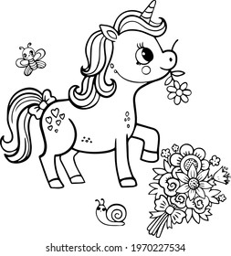 A beautiful unicorn with a bouquet of flowers and insects.Beautiful bouquet of flowersVector illustration on a white background.